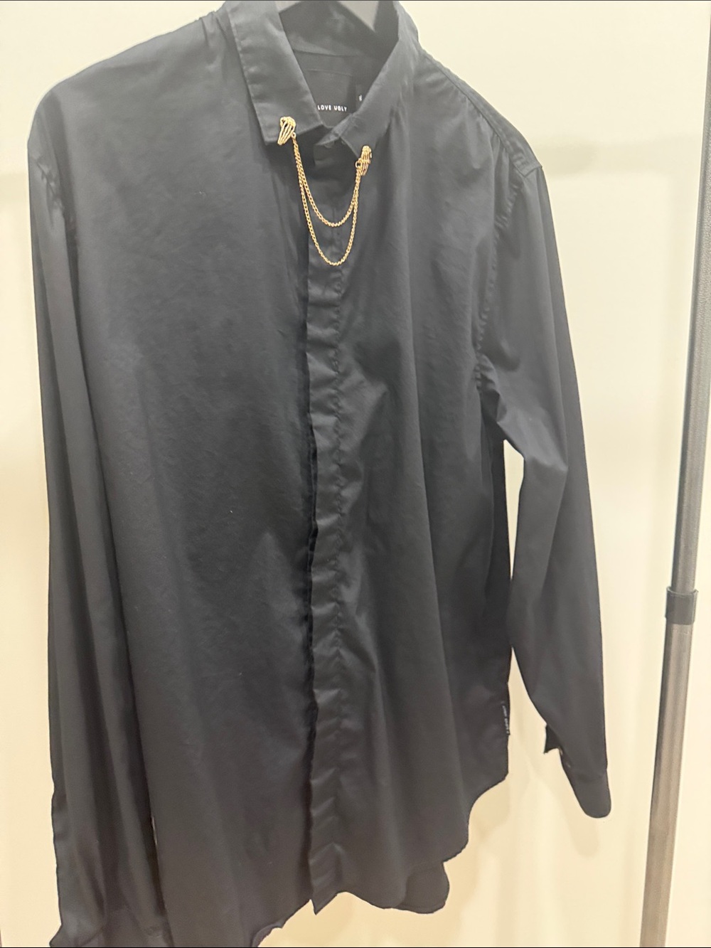 Black Men’s Dress Shirt with Gold Collar Chain